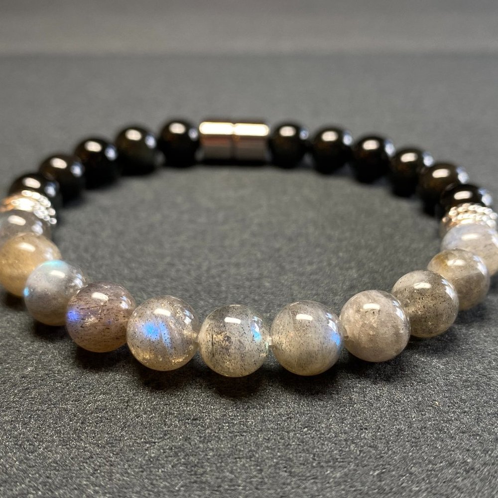 Natural Blue Flash Labradorite & Rainbow Obsidian Gemstone Healing Bead Bracelet